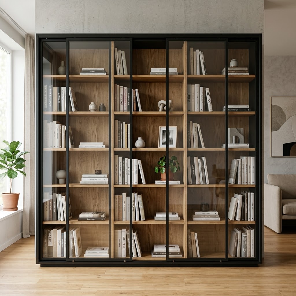Современный книжный шкаф-витрина с черной рамкой и стеклом